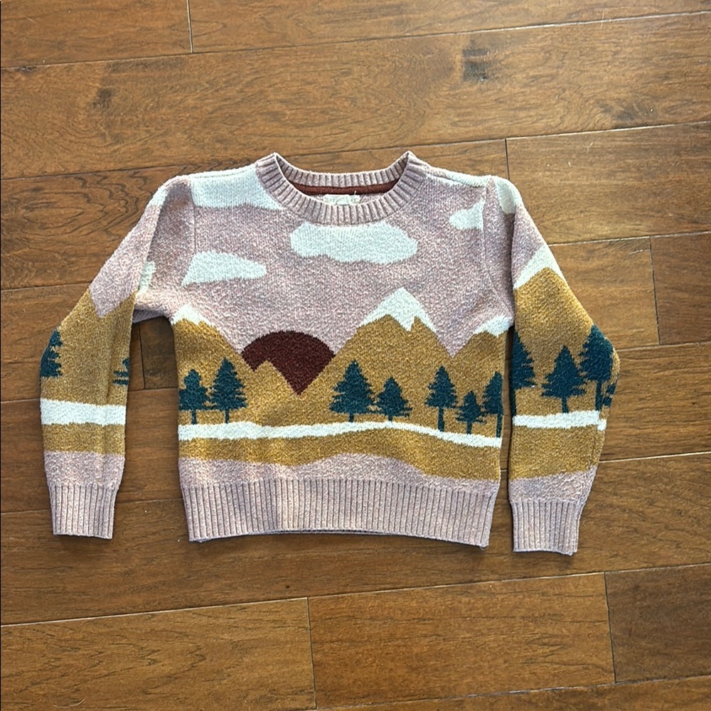 Copper Key Cream and Brown Sweater with Artistic Landscape Design